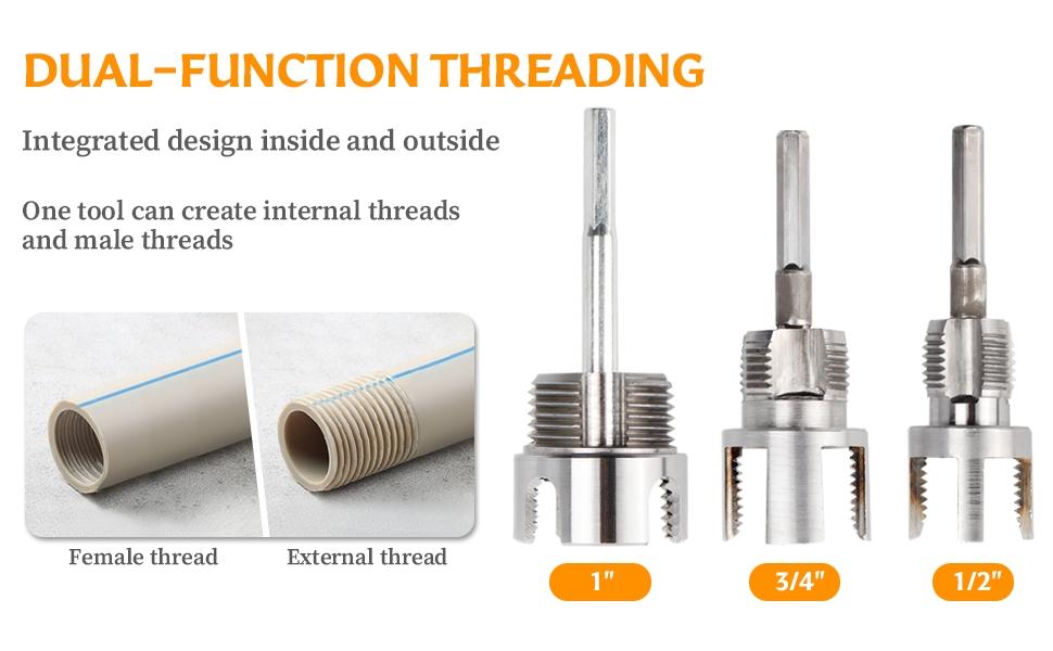 Internal & External Pipe Threading Tool, PVC Pipe Threader, Pipe Threading Tool, 1/2'' 3/4'' 1" PVC/Plastic Pipes Dies Electric Drill Compatible for Home Repair (3PCS)