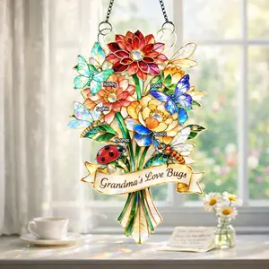 Personalized Grandma's Love Bugs Gift, Heartfelt Mother Day Gift For Grandma Mom Nana, Custom Grand Kid Name, Stained Glass Suncatcher Ornament