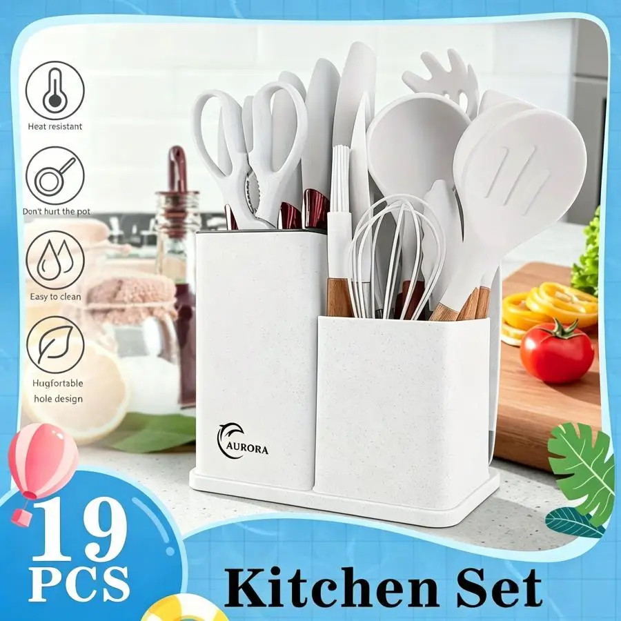 19-Piece Kitchen Set with Silicone Utensil Set - Professional Nonstick Pan Spatula, Stir-Frying Spatula, Kitchen Supplies with Sturdy Handles, Essential for Home Cooking, Handle