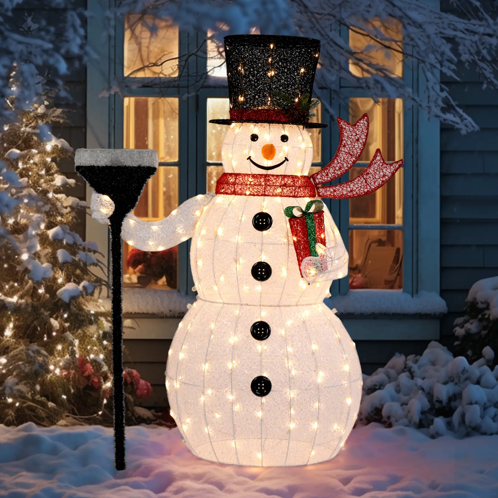 VINGLI 5ft 30V 3.6W Base 70cm Round With 200 Lights Three-Dimensional Snowman With Broom Garden Snowman Decoration Christmas Magical