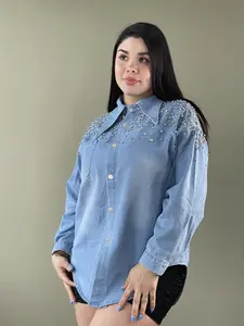 Paulina's Denim Button Up - Oversized Fit - One Size With Rhinestone