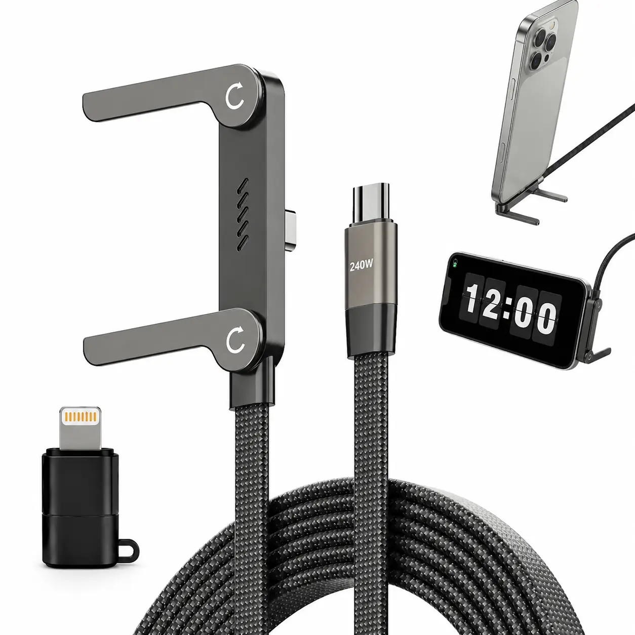 Dakomoda 240W Super   --     with Stand, Mobile Accessory for Gaming, Office, Compatible with iPhone, Samsung, Type-C (Black) 2 in 1 cable 6-in-1  camera style  Station 3-in-1 toocki usb c cable Ultra-Thin GaN Dual-Port multifast charging