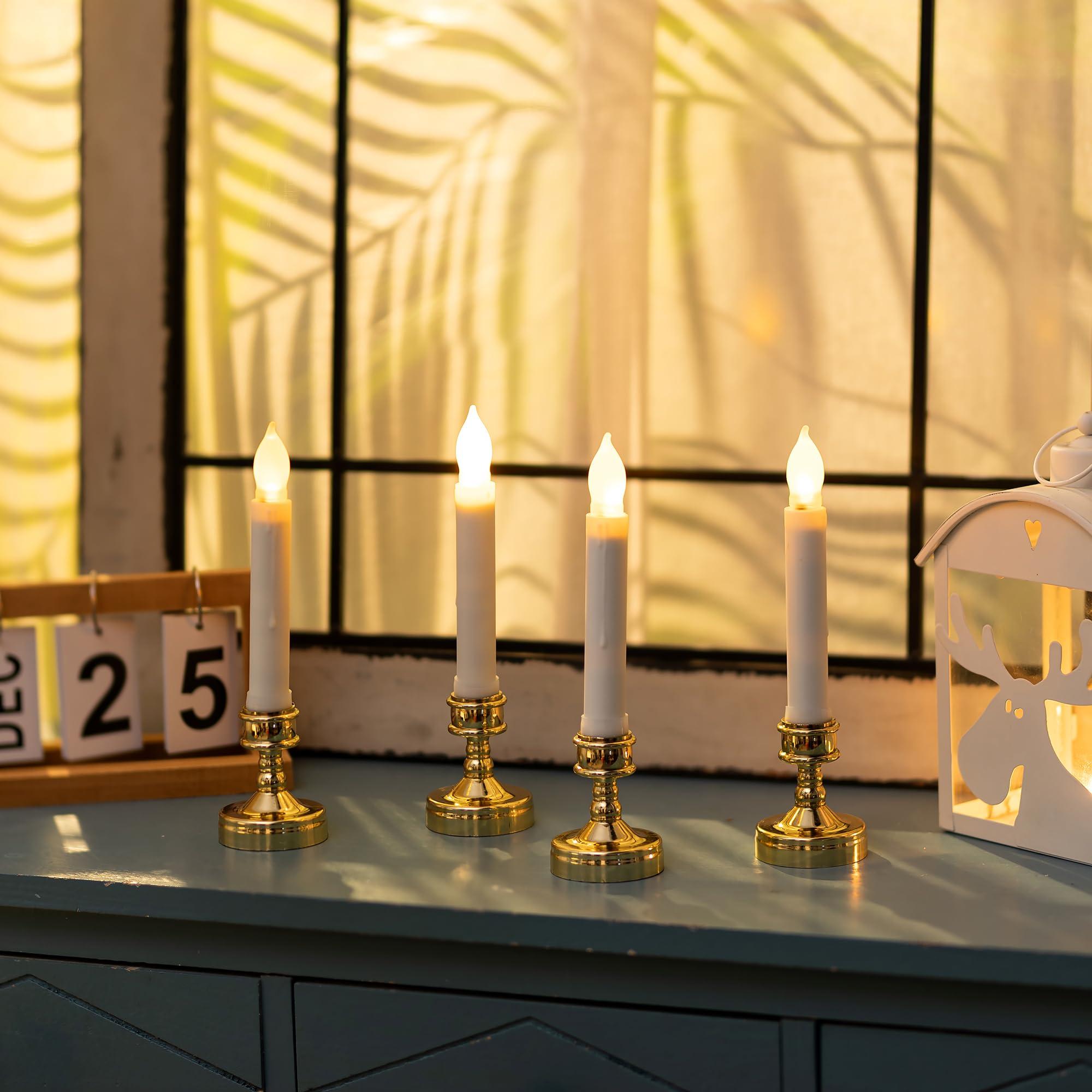 Christmas Window Candles Remote - Battery Operated LED Flameless Taper with Suction Cup Flickering Electric Candlestick Lights Gold Decoration