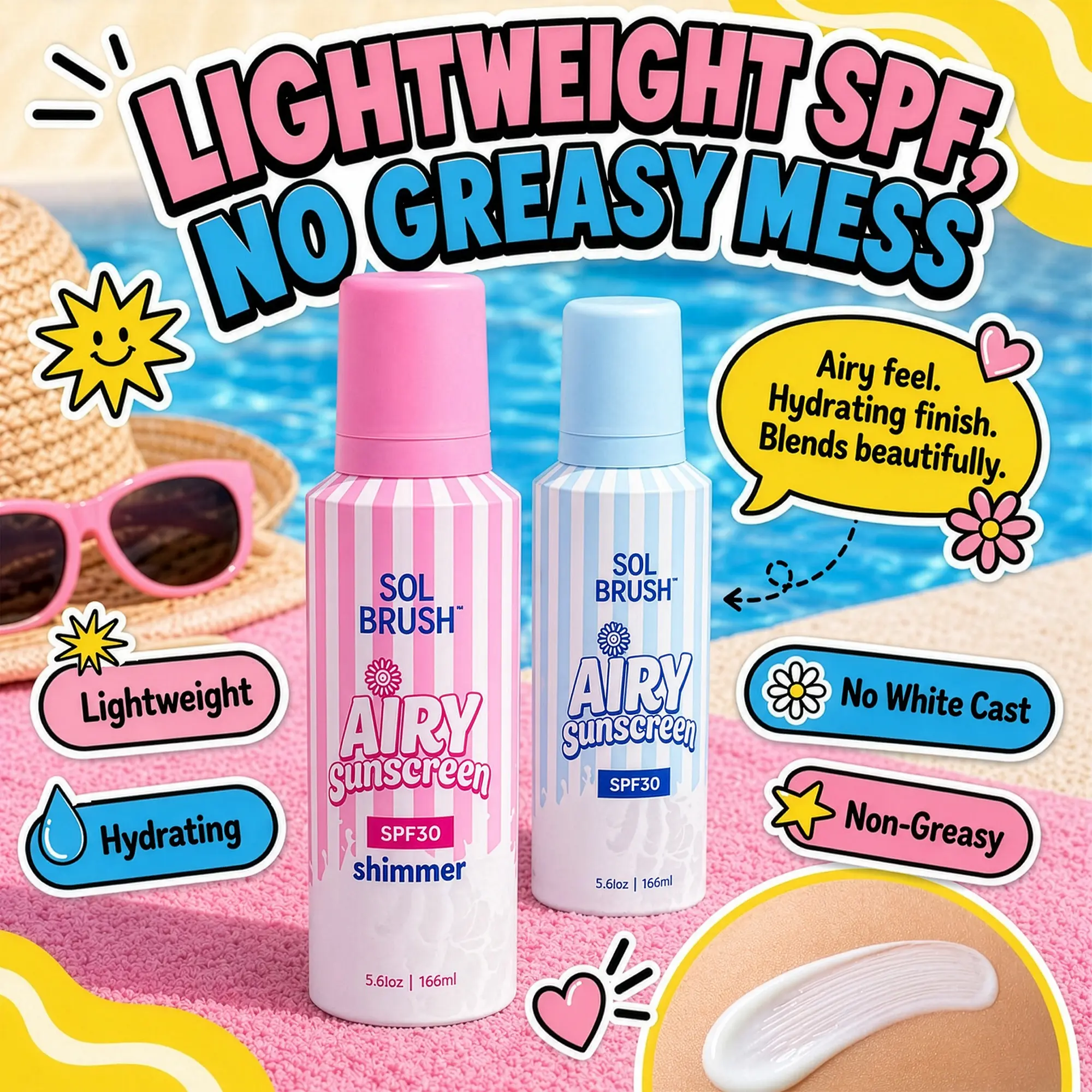 Sol Brush Airy SPF 30 Sunscreen - Hydrating Non-Greasy Body Care for Kids & Adults Shimmer and No Shimmer Formula