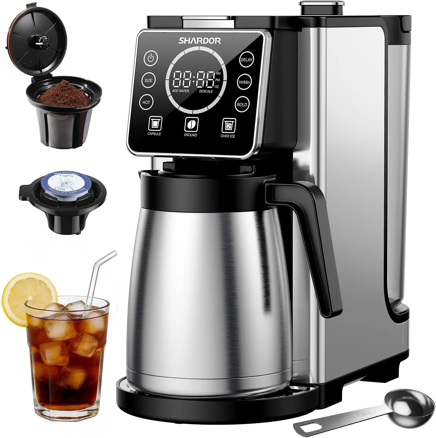 Programmable 5 Cup Drip Coffee Maker, Single Serve Hot & Iced Coffee Machine for K Cup & Grounds, 95oz Removable Reservoir, 6–24oz Brew Size, Strong Brew, Stainless Steel Thermal Carafe, Black