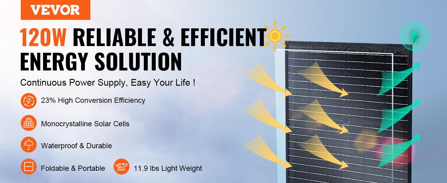 VEVOR Portable Solar Panel, TikTokShopBlackFriday, Monocrystallin 100-200W Foldable e ETFE Solar Charger, 23% Efficiency Solar Panel with Type C, DC 18V, QC3.0 USB Port, IP67 Waterproof for Home, Off Grid, Hiking