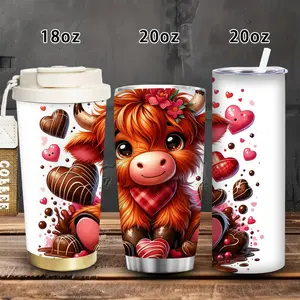 1pc 18oz/20oz Cute Highland Cow Chocolate Hearts Tumbler with Lid and straw, Winter Insulated Travel Mug, Gift for Women Men, Ideal for Valentine's Day, Birthday Gift, Coffee Cup for Office