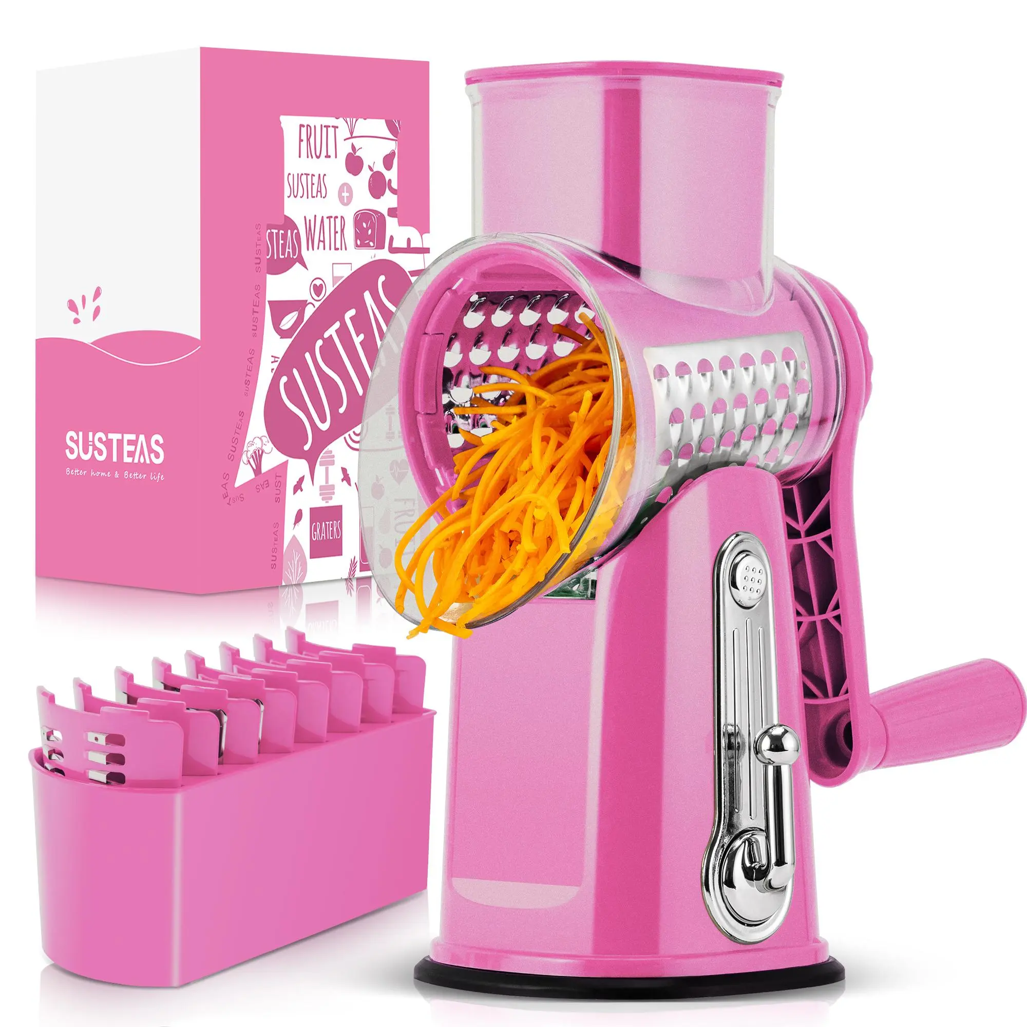 Susteas Pink Manual Food Chopper - 5-in-1 BPA-Free Compact Kitchen Utensil with 5 Stainless Steel Blades, Vegetable Shredder, Slicer, Fruit Dicer, Powerful Suction Base, Smooth Easy Prep, Healthy Food Tool, Gift-Worthy (Includes Instruction Manual), Carro