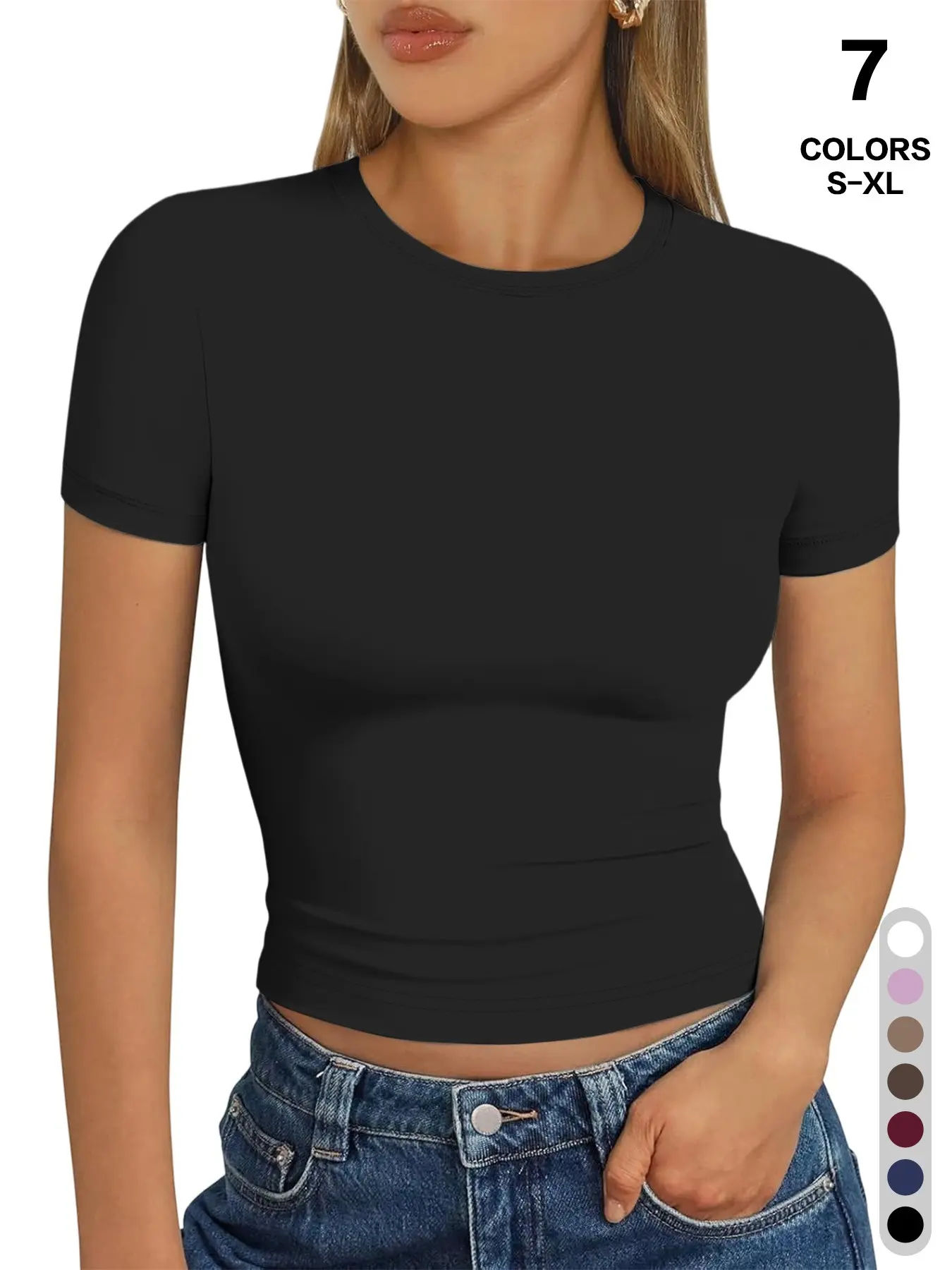 Women's Short Sleeve T-Shirts, B Buttery Soft Summer Crop Tops, Slim Fit Y2K Basic Tees for Workout, Comfortable, Casual and Stylish Clothing Womenswear Trend