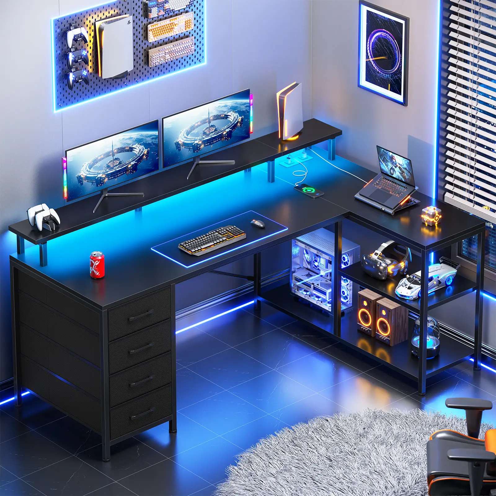 Sedeta 47.2-Inch Sturdy Modern L-Shaped Wood Gaming Desk - Commercial Office Furniture, Easy Assembly, Spacious Workspace, 4 Storage Drawers, Storage Shelves, RGB Lighting, Power Outlets, Charging Station (Charges Up to 4 Devices), Desks For Gaming, L Sha