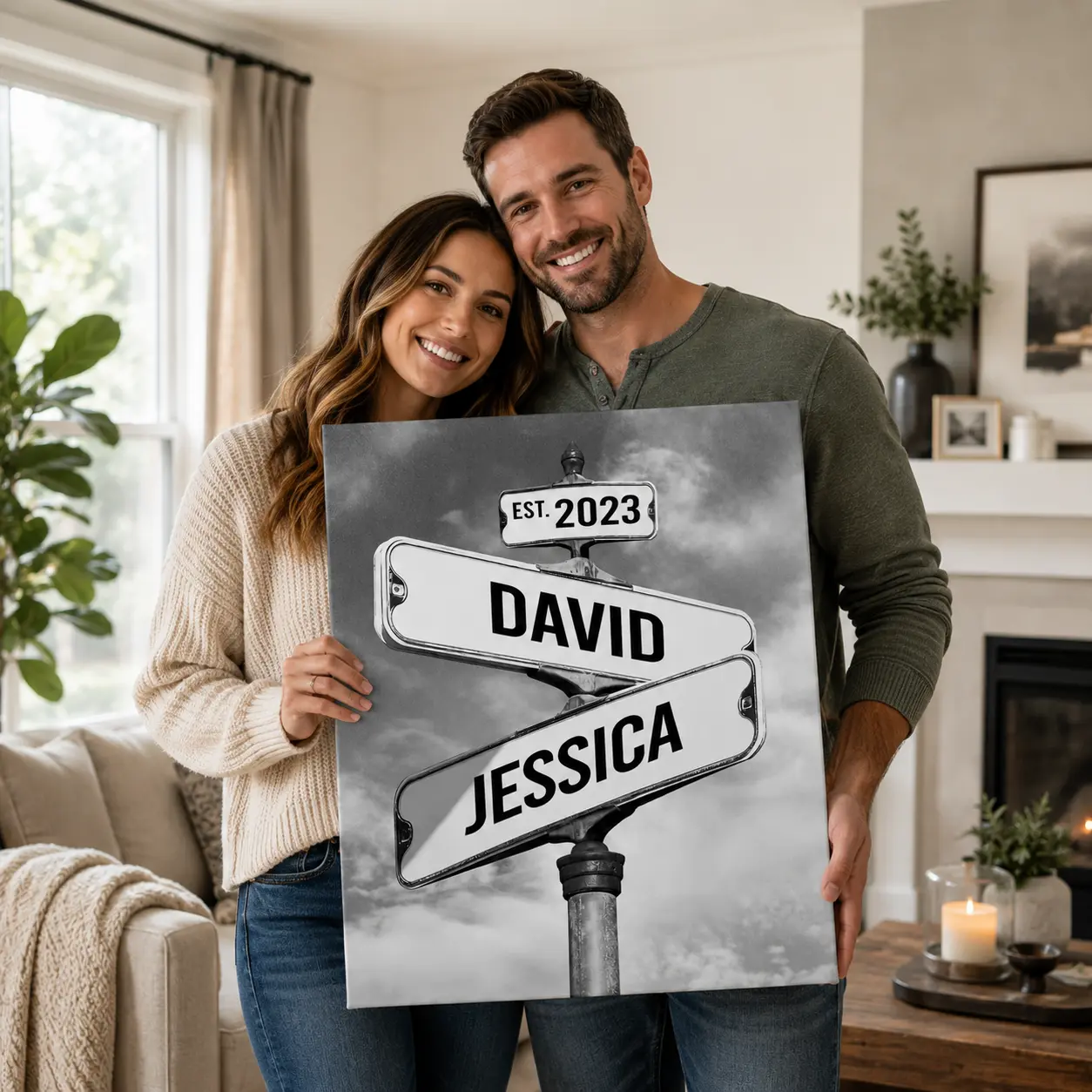 Personalized Vintage Street Sign Canvas - Custom Name & Date Crossroad Wall Art, Glossy Hand Stretched Home Decor, Vintage Home Decor, Love Gift for Couples (Wedding Anniversary, Valentine’s Day) Room Ornament, Valentines Decor, Print