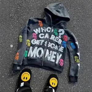 2000s, hip hop bubble print zip up hoodie street loose zip up top, Independence Day