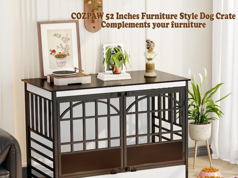 COZPAW Heavy Duty Dog Crate Furniture, 52 Inch Wooden Dog Kennel Indoor for XLarge Breed, Dog Crates for Large Dogs with Double Doors, Decorate as House TV Stand, End Table-White Brown