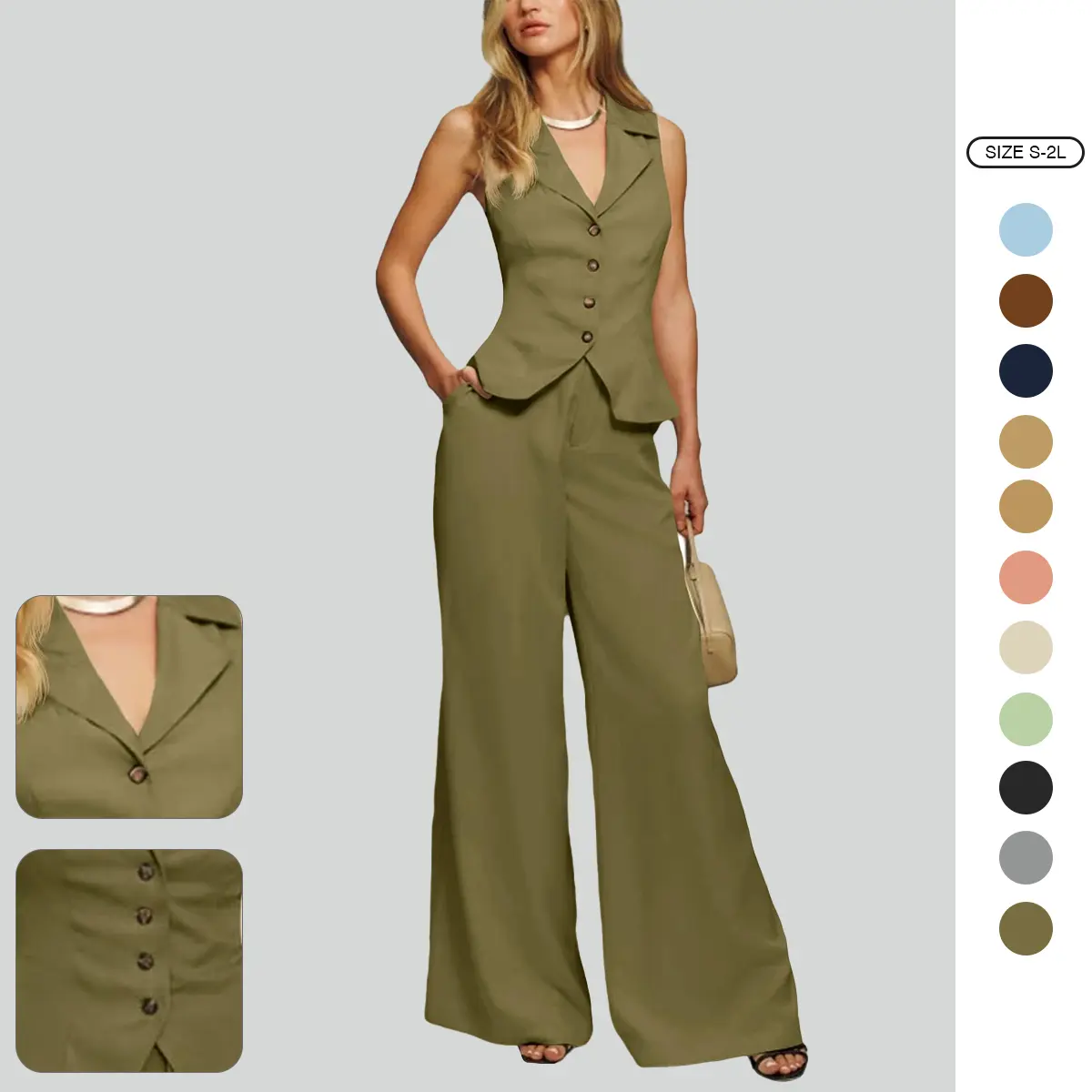 Imily Bela Womens Vest Sets Summer 2 Piece Outfits Button Crop Blazer Vest and Wide Leg Pant Suits