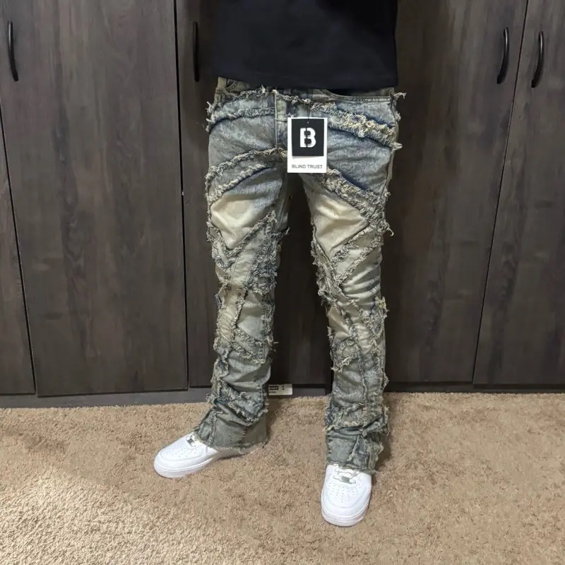 Blind Trust Designer Men's Stacked Flare Slim Fit Jeans with Distressed Details and Unique