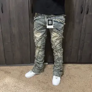 Blind Trust Designer Men's Stacked Flare Slim Fit Jeans with Distressed Details and Unique