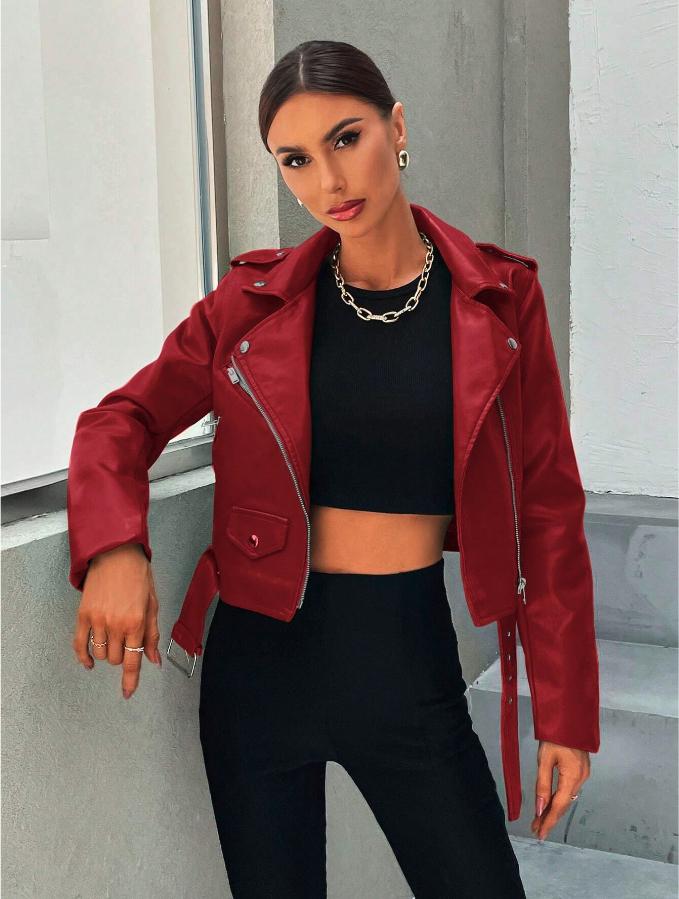 Zip Up Belted PU Moto Jacket *LooKo