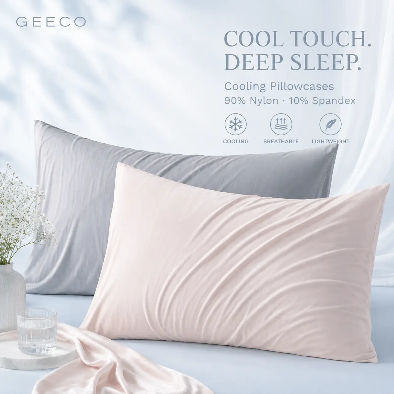 GEECO Cooling Sleep Pillowcase (2-Pack) - Hot Sleepers, Cool-to-Touch Breathable Fabric, Silky Smooth for Hair & Skin, 4-Way Stretch Snug Fit, Queen and King Sizes