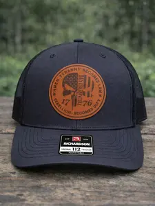 Patriotic Skull Leather Patch Trucker Hat – Adjustable Mesh Back Snapback Cap, American Style Casual Outdoor Hat, Rugged Streetwear Look, Perfect Gift for Patriotic & Skull Design Fans