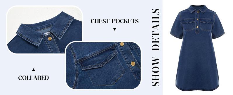 Imily Bela Women's Short Sleeve Denim Dress Button Down Collared Loose Fit Summer Casual Jean Shirt Mini Dresses