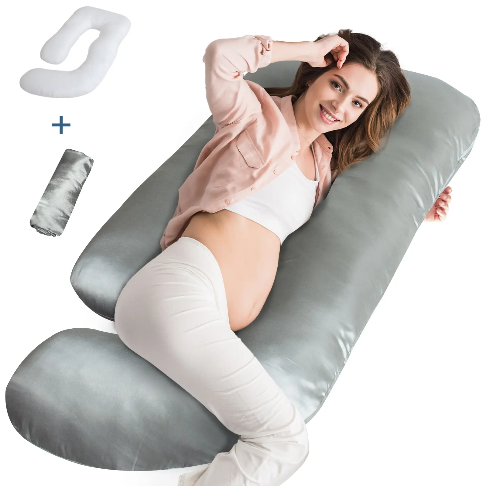 Cooling Satin Pregnancy Pillow with Removable Silky Luxurious Cover, 60 Inch Cozy J-Shape Full Body Maternity Pillows Nursing Pillow Gifts for Pregnant Women Side Sleepers Sleeping Abdominal Lumbar Neck Back Leg Support, Solid Grey#tiktokshopsummersale