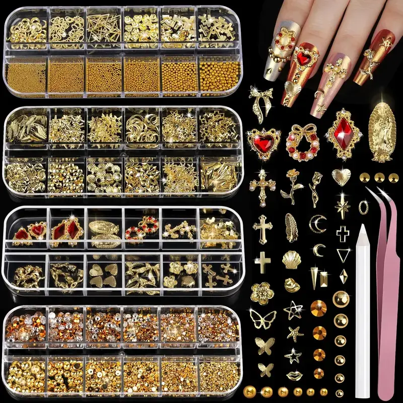Elegant 4-Pack Nail Decoration Kit, Gold Charms, Pearls, 3D Cross & Heart Rhinestones, Tools for Nail Design Supplies