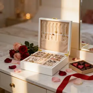 BOOVO Double Layer Jewelry Box Organizer, Large Capacity PU Leather Storage Case with Anti-Tarnish Velvet Lining, Minimalist Jewelry Organizer for Travel & Vanity, Gift for Her