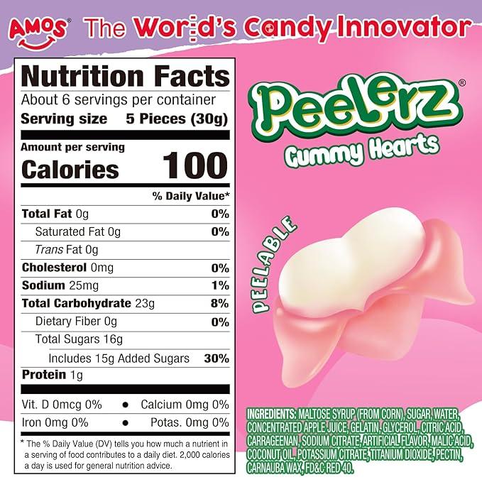 AMOS Peelerz Gummy Hearts, Peelable Gummy Candy, Raspberry Flavor Valentine’s Day Gummy Candy Gift, Fun Peel & Eat Gummy Snack, 6 oz (170 g)