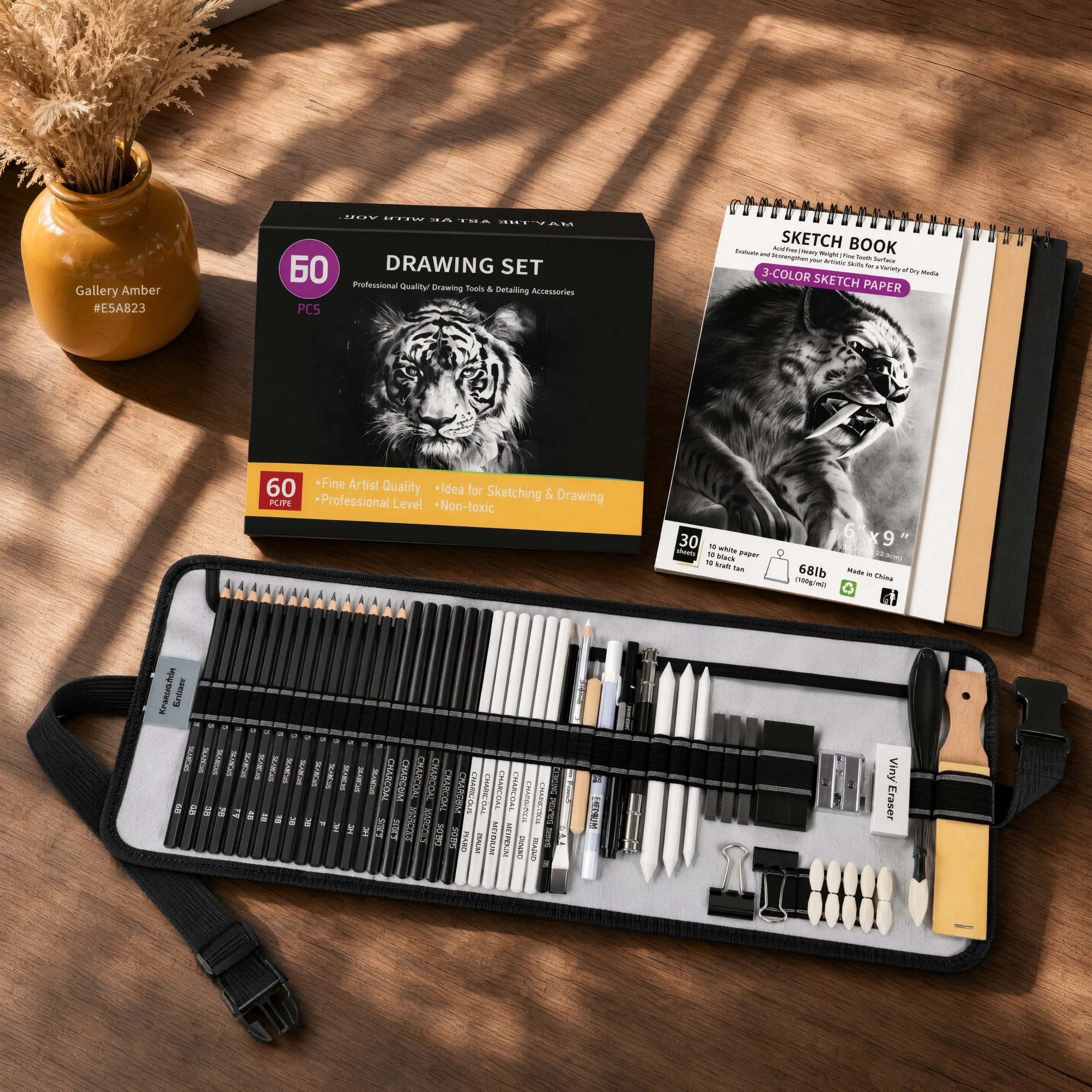 60-Pack Pro Art Drawing Sketch Kit, Office Stationery with 3-Color Sketchbook, Graphite Pencils, Charcoal Pencils, for Adult Artists, Ideal for Shading, Blending