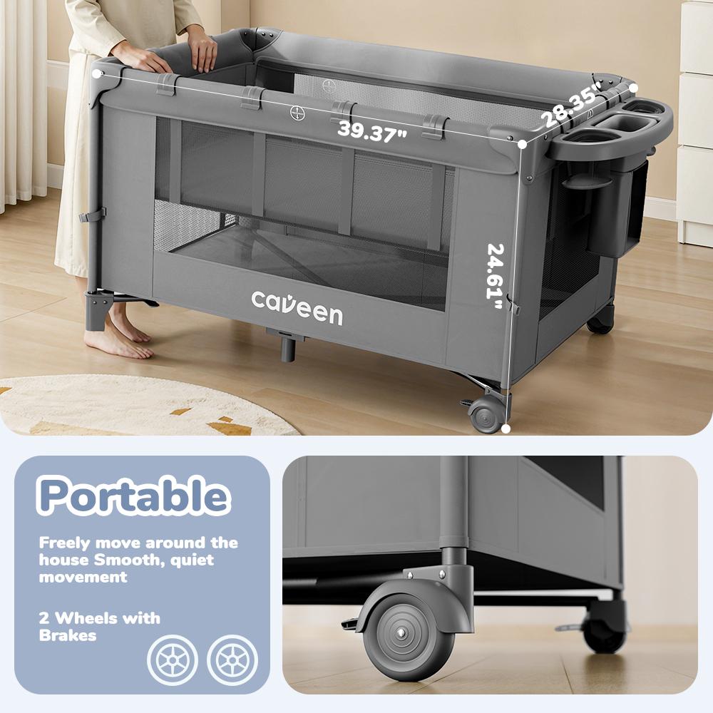 CAVEEN 5 in 1 Baby Playard, WIth Baby Bassinet, Portable Bedside Sleeper Baby Crib, with Removable Changing Station & Storage Organizer, Grey