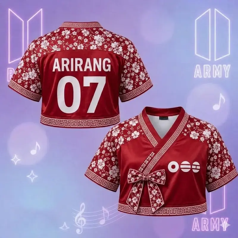 Modern Hanbok Style Crop Top Jersey - Korean Floral V-Neck Concert Outfit, Arirang 07 Fan Merch World Tour Mesh Blouse, Red Asian Streetwear Shirt