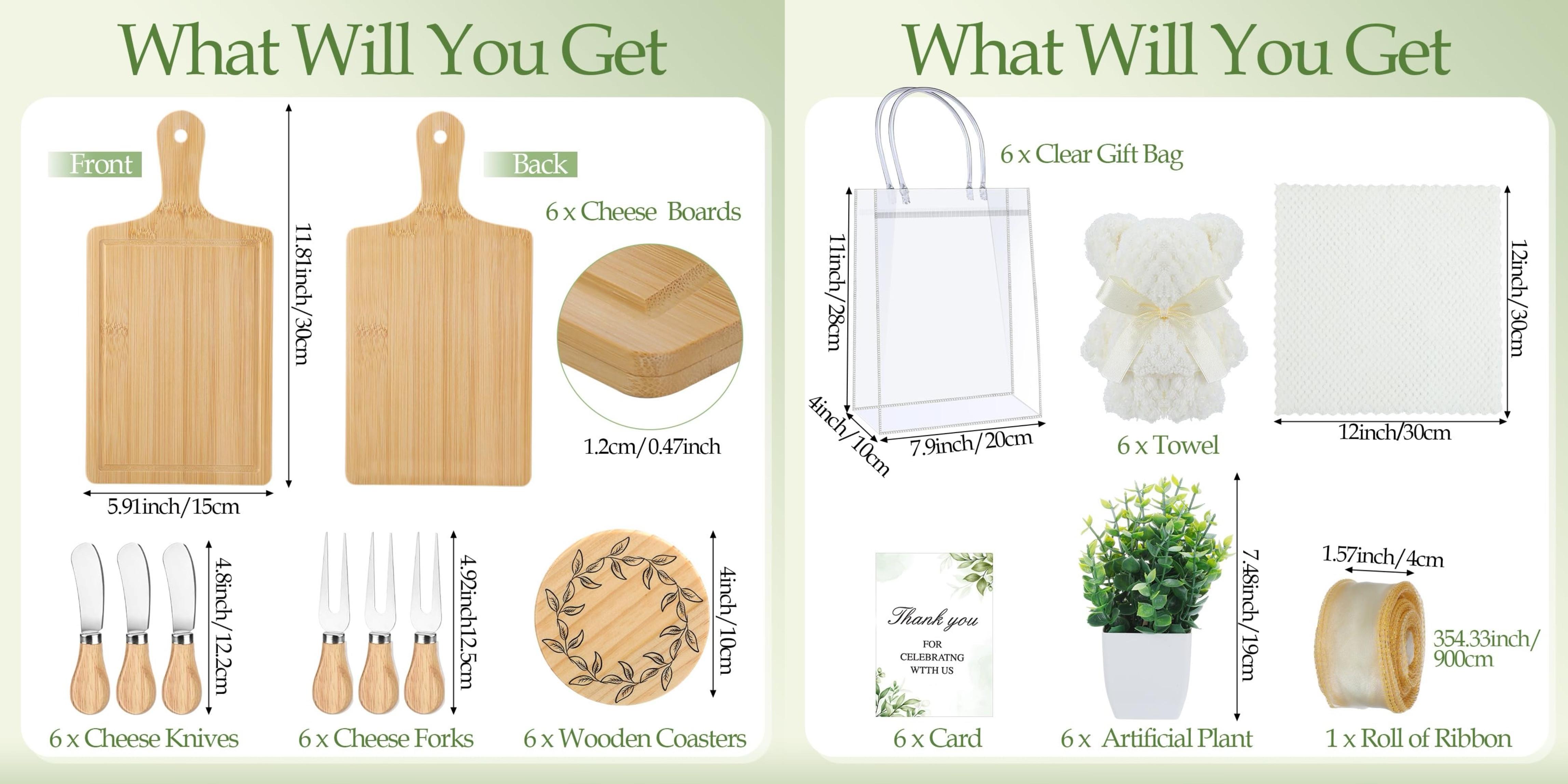 6 Pcs Valentine Mini Cheese Board Baby Shower Prizes Set Cutting Board with Bamboo Spoon Plaid Towel Artificial Eucalyptus Stems Tag Bag Thank You Gift Box for Couple Teacher Guest,Wedding Party Bridal Shower Favors Supplied,Anniversary Birthday Gift