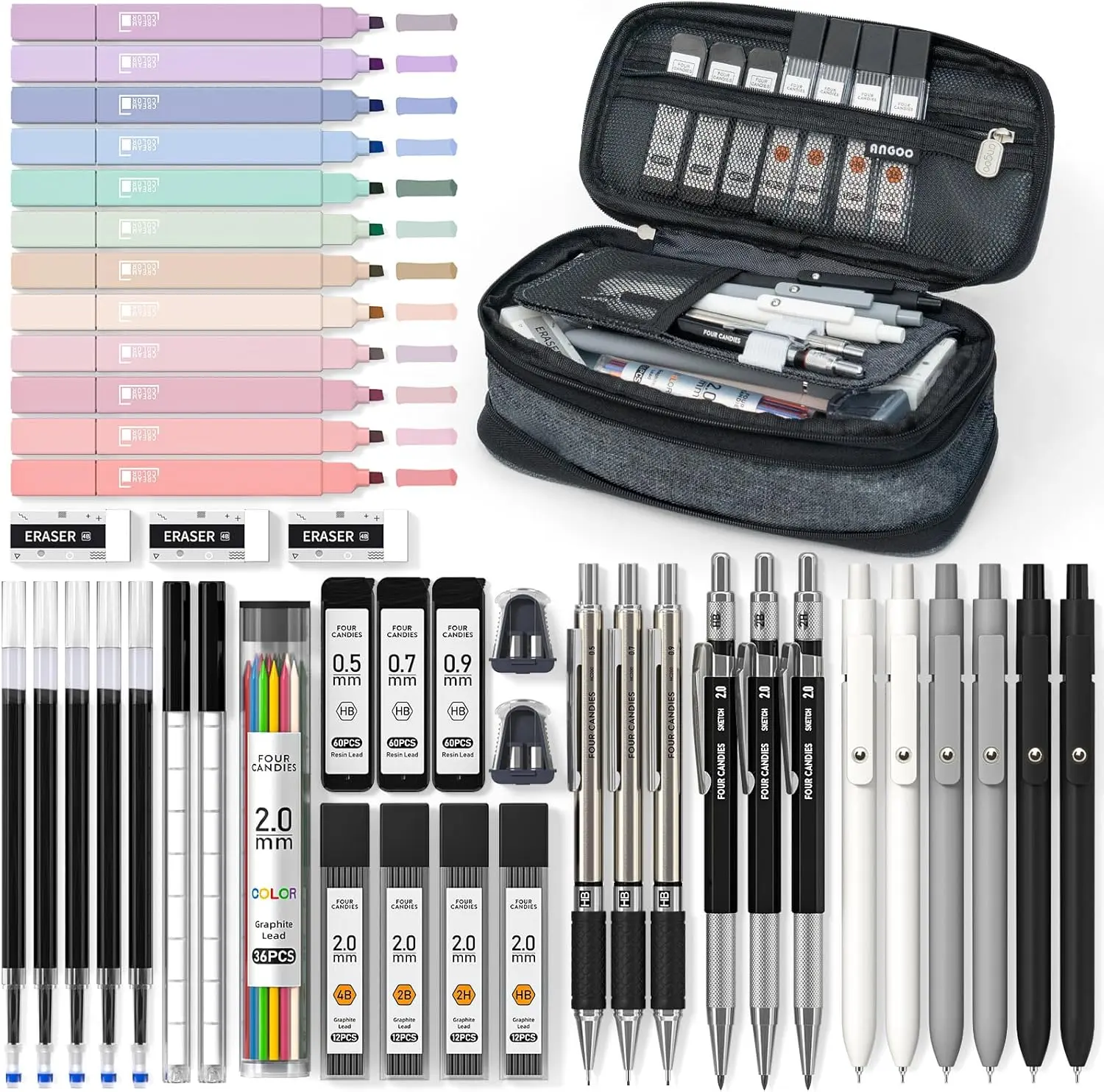 Four Candies 45 PCS Stationery Set with Pen Case, College Supplies and Nursing Student Essentials, 12 Pastel Highlighters, 6 Black Gel Pens, 6 Mechanical Pencils, Back to School Supplies Shopping