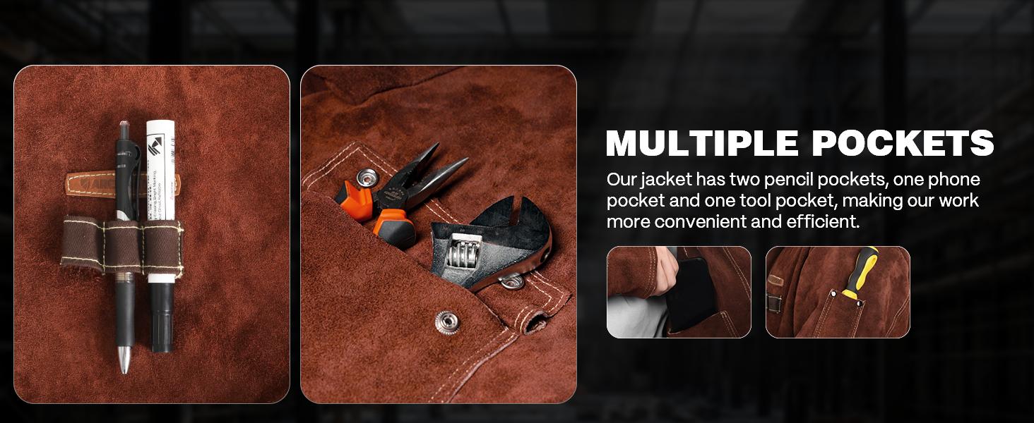 Heavy Duty Cowhide Welding Jacket Brown Leather Coat with Durable Pockets and Secure Fastening