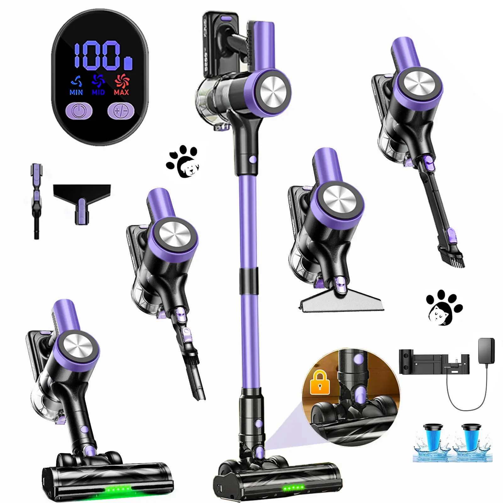 VICEASE Cordless Stick Vacuum Cleaner - 500W Powerful Motor, 55mins Runtime, Self-Standing, Wall Mount, 3 Nozzles, Lightweight Stick Vac, Battery Powered Vacuums for Hard Floors, Carpets, Pet Hair Cleaning, Cordless Vacuums