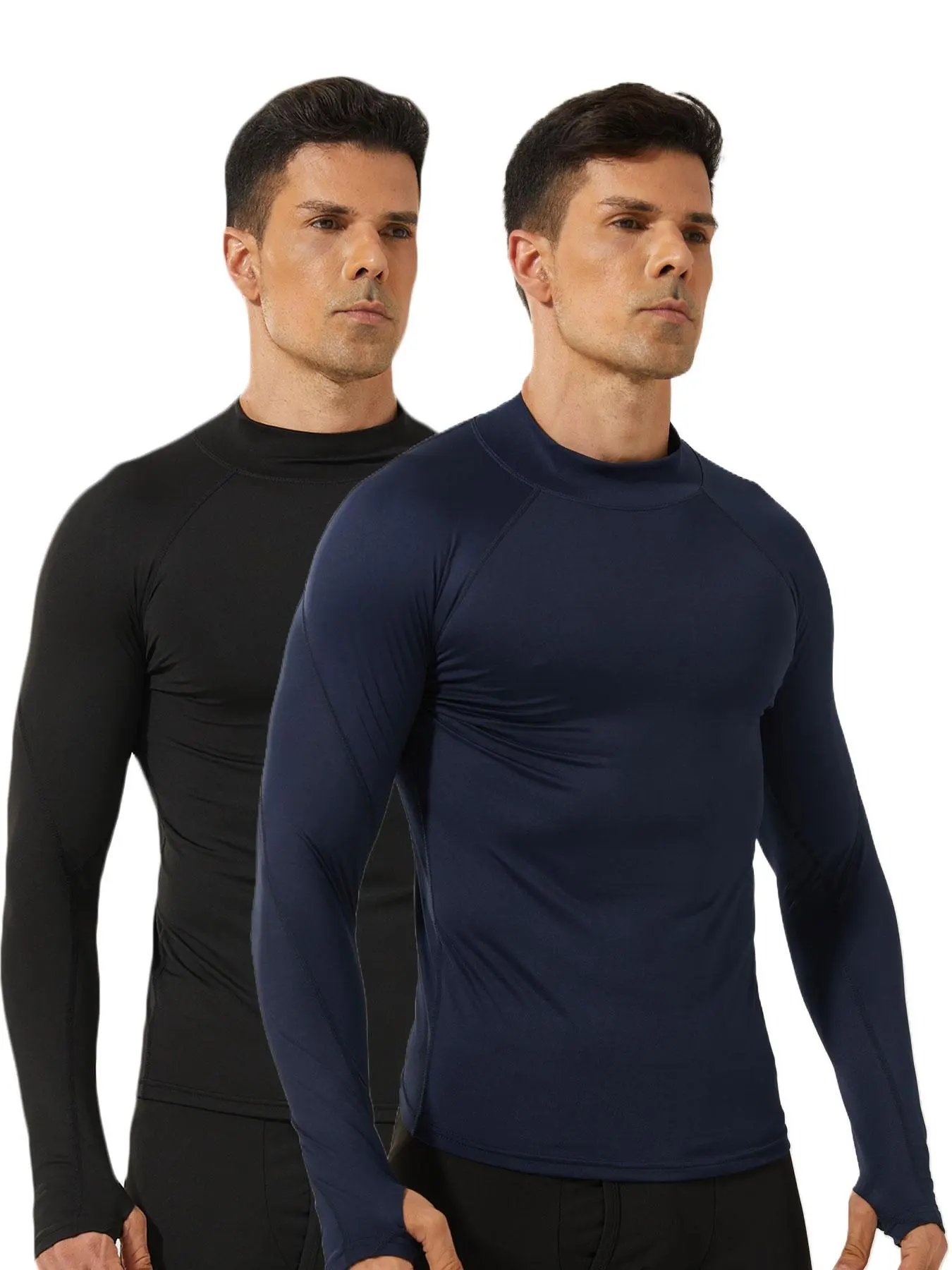 Men's Solid Thumb Hole Raglan Sleeve Compression Top, Fitted Design Activewear Polyester, Comfy Breathable Long Sleeve Round Neck Top for Fall & Winter, Athletic Compression Shirts, Activewear Clothes