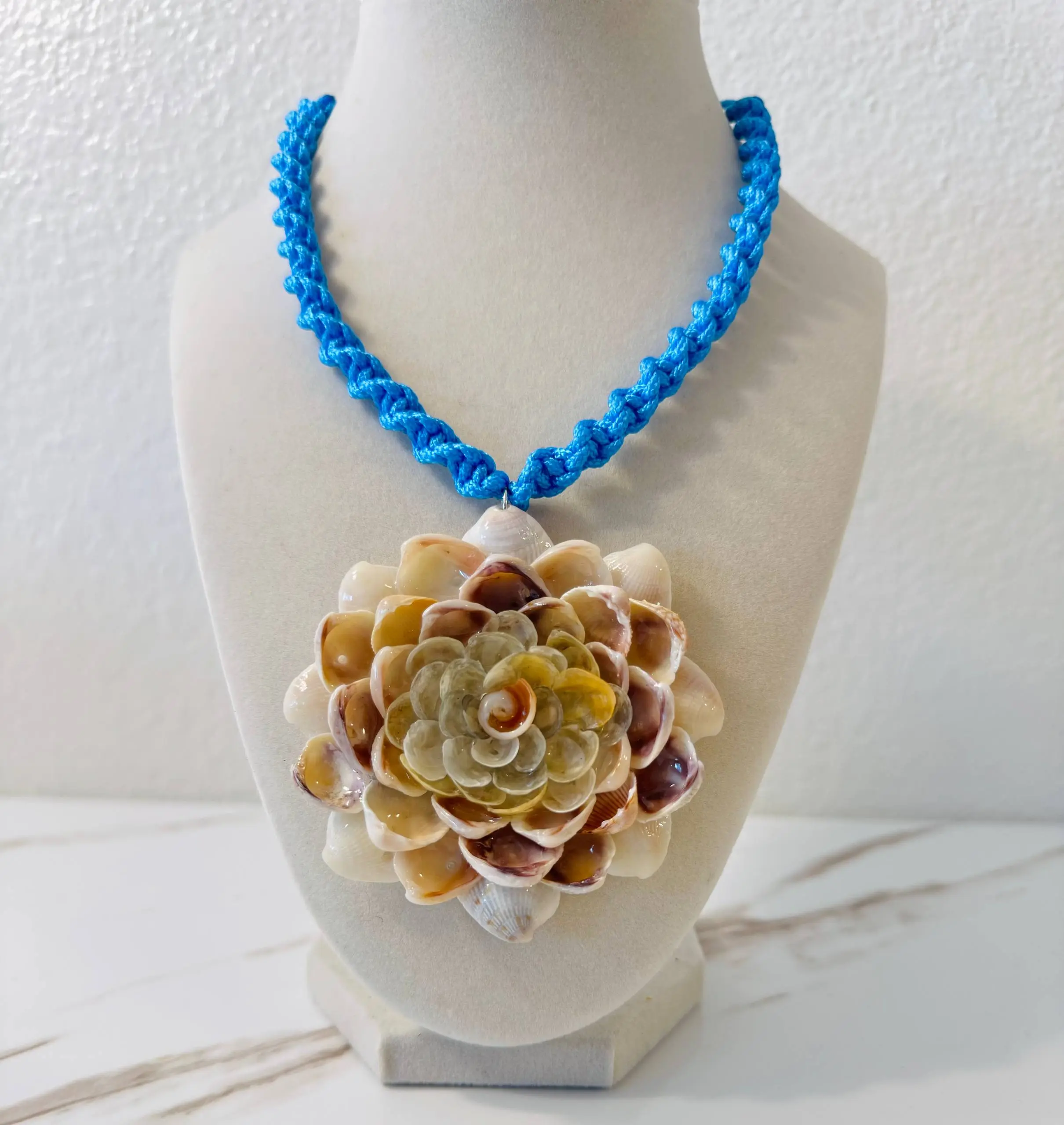 Handmade Seashell Flower Necklace with Blue Macrame Cord | Ocean Inspired Jewelry