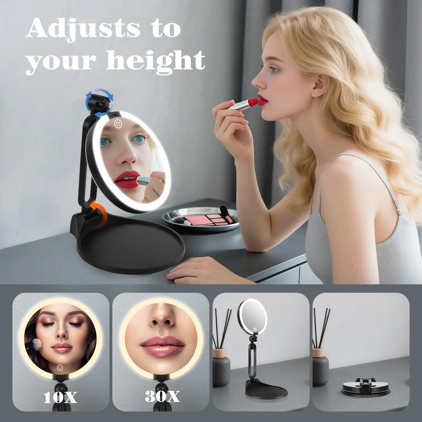 6-inch Cosmetic Magnifying Mirror with Base And Stand,1X/30X Double-sided LED Lighted Portable Mirror; FoldableAnd Adjustable Travel Mirror; for Business, Travel And Dates;Rechargeable Large-capacity Mirror; for Daily Makeup, SkinCare