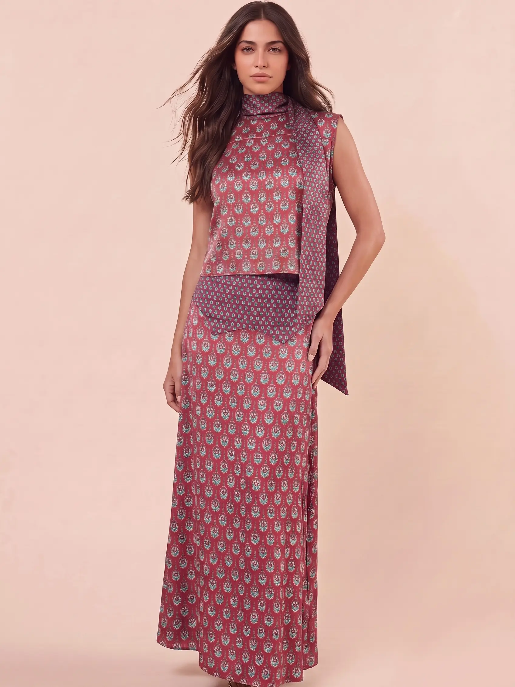 LikemyChoice 2026 Elegant Retro Print Satin Two-Piece Set | Sexy Sleeveless Scarf Neck Halter Top & Flowing Maxi Skirt | Euro Summer Vacation Old Money Matching Set