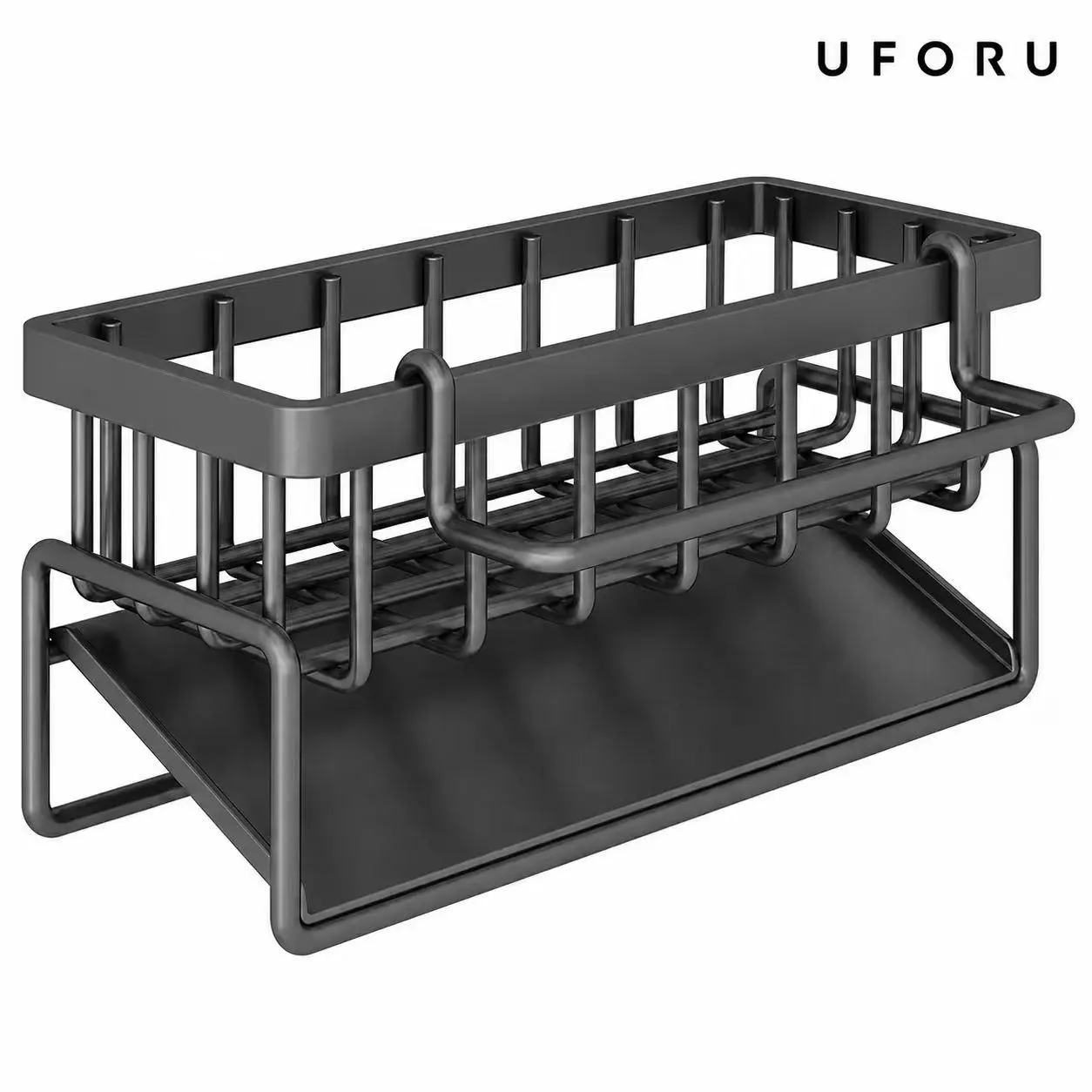 UFORU kitchen sink storage rack, rustproof draining organizer with water tray, brush holder and cloth rod; countertop sponge storage basket for dishwashing liquid, cleaning brushes and kitchen cleaning tools, available in black/gray.