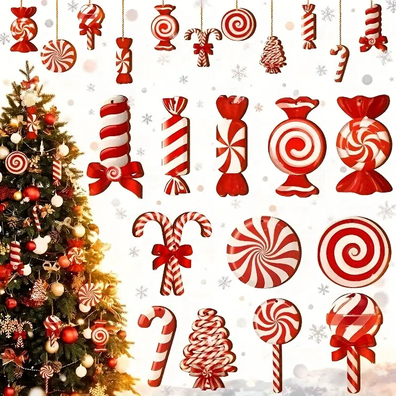 12pcs/set Red and White Christmas Candy Cane Decoration Set, Wooden Christmas Ornaments, Holiday Ornament, Suitable for Christmas Tree Decoration, Wooden Hanging Peppermint Candy Cane Ball Pendants, New Year Home Decor, Christmas Decorations
