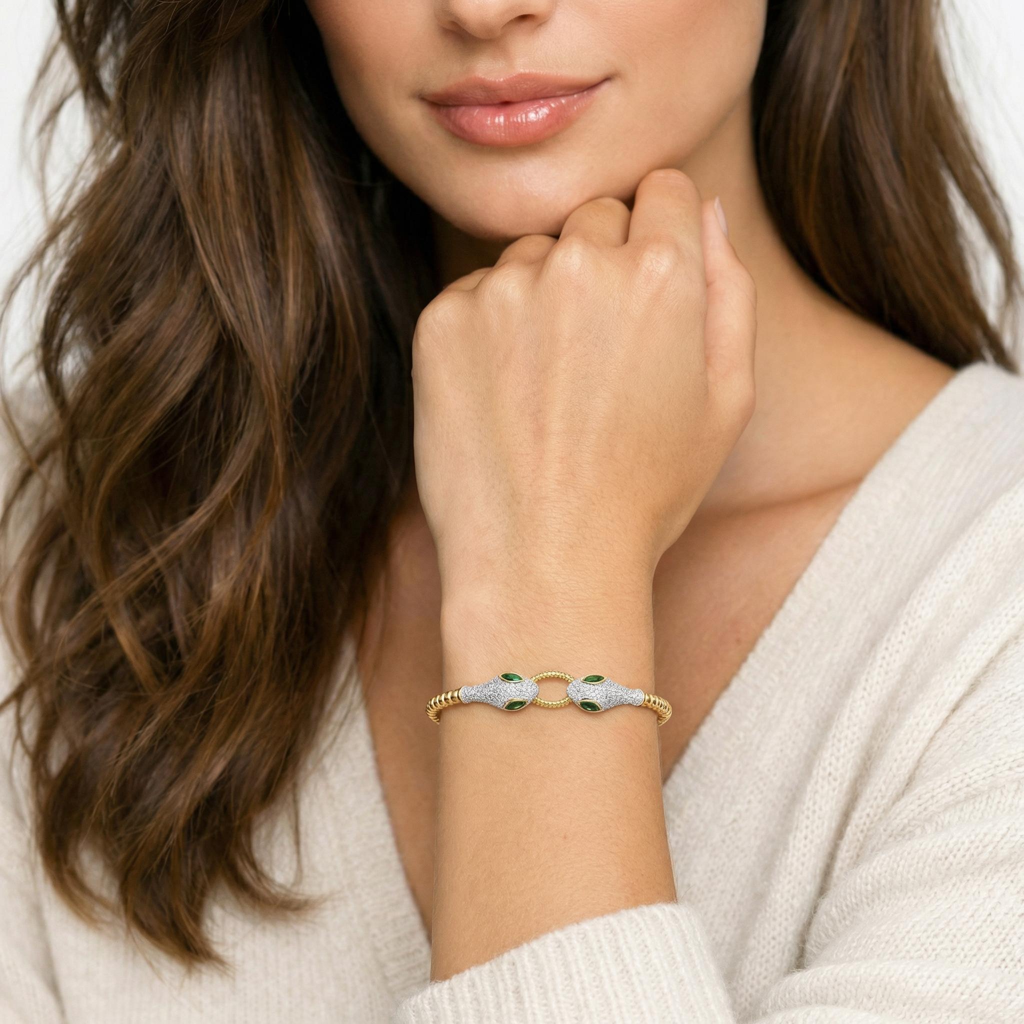 Aprilery Adjustable Snake Design Beaded Bracelet with Green Zircon and Two-Tone Gold and Silver Finish