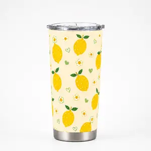 Lemon Print Insulated Tumbler with Lid, Cute Floral Travel Cup for Coffee, Iced Drinks, Office, School and Daily Use