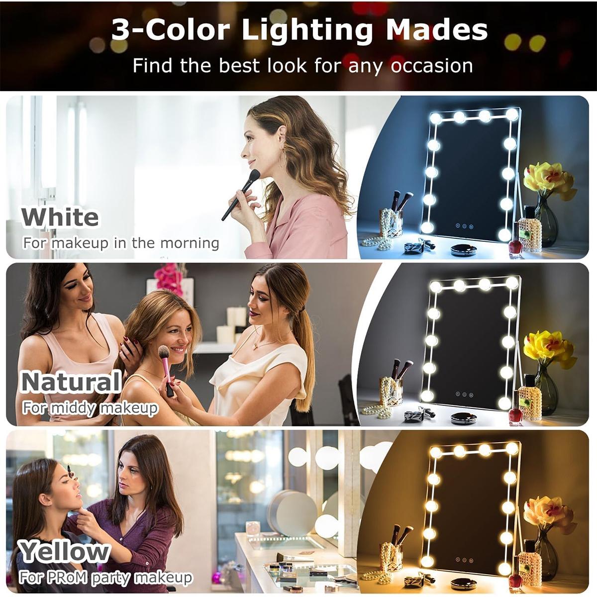 LED Vanity Lights For Mirror, Consciot Hollywood Style With 12 Dimmable Bulbs, Adjustable Color & Brightness, USB Cable, Stick on for Makeup Table Dressing Room Mirror