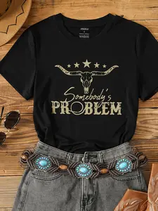 Women's Western Cowgirl Cow Skull & Wide-Brim Hat Printed T-Shirt: With "someone's problem" Text, Cotton Crewneck Short Sleeve Casual, Washable Stylish, Fit for Country Music Festivals/Daily
