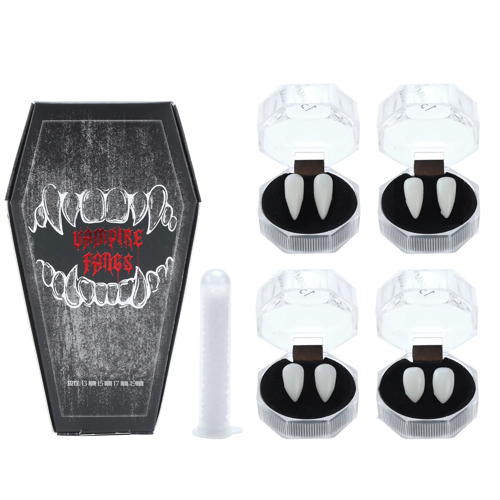 Creepy Vampire Fangs, 4 Pairs Reusable Set with Adhesive, Multi-Size Resin Prop for Halloween Costumes, Gothic Party Accessory for Adults & Teenagers, Accessories, Vampire Costume, Cosplay Props, Box, Vampire Teeth Denture Adhesives