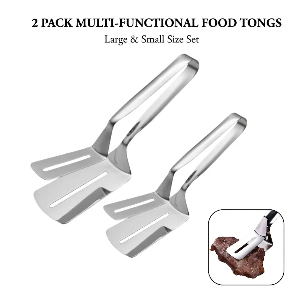 2Pcs Large & Small Stainless Steel Fish Spatula Tongs Non Stick Steak Clips Multi Purpose Kitchen Flipper Gripper For Frying Grilling Cooking