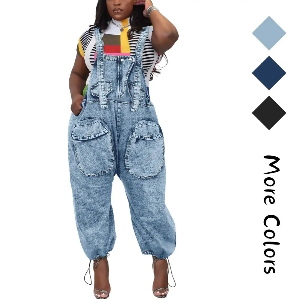 2026 Women's Bib Denim Overalls Loose Wide Leg Jean Jumpsuit With Cargo Pockets