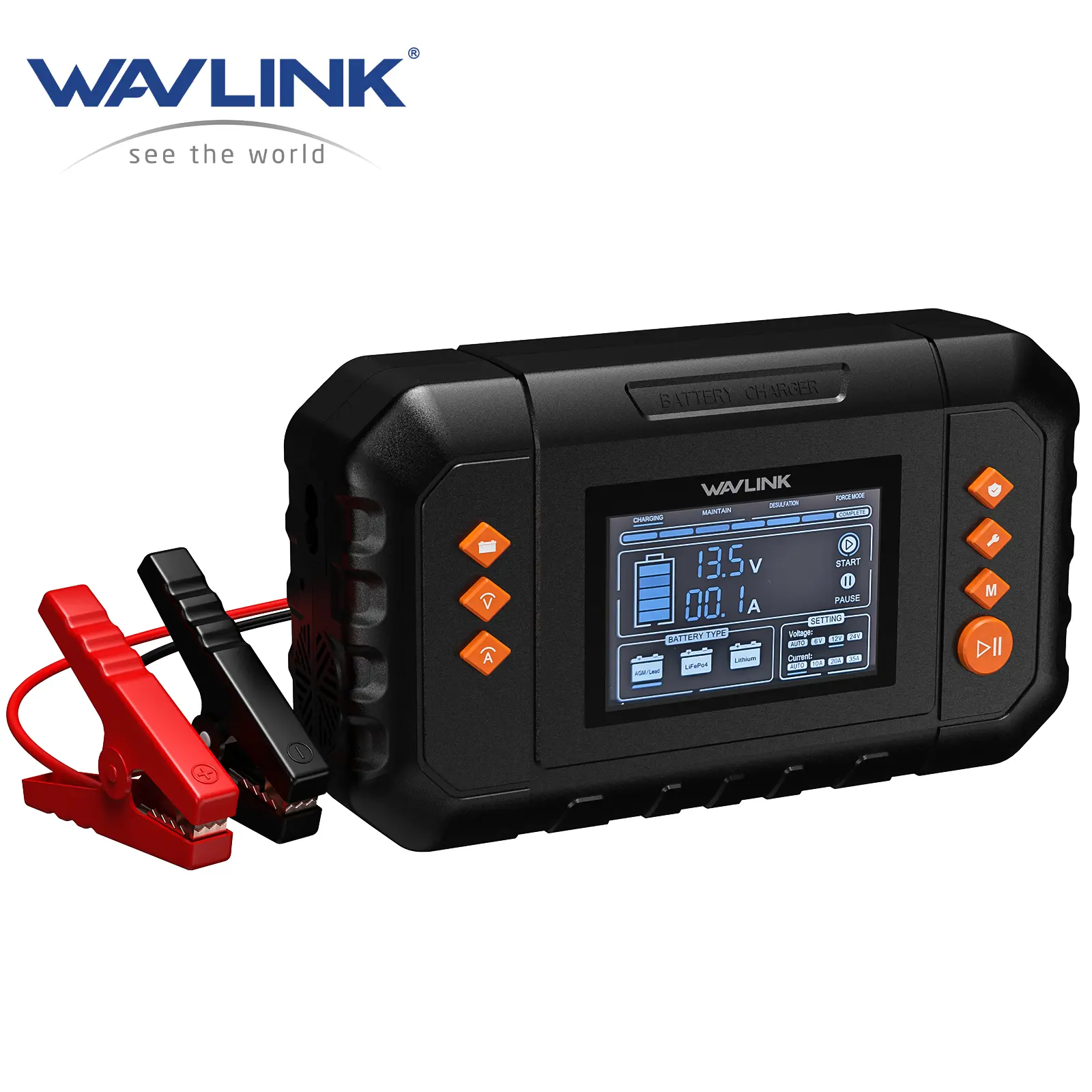 WAVLINK 450W Smart Battery Charger, Max. 35A Trickle Charger with LCD Display, for 6V/12V/24V Lead-Acid/Lithium/LiFePO4 Batteries, Battery Maintainer and Desulfurizer for Cars, Boats, Motorcycles jump starter Multifunctional auto Auto Truck