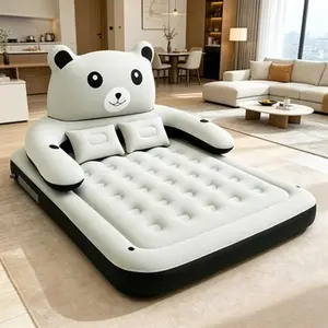 Cartoon Panda Pattern Inflatable Mattress Equipped with Drink Slots and Support Pillows, Foldable Indoor Outdoor Bed for Spare Room Backyard Camping, Inflatable Airbed, Folding Camping Bed